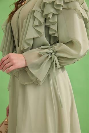 Diana Volanlı Şifon Etek Takım- Mint Yeşil