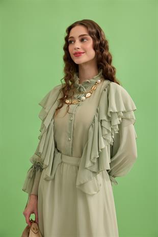Diana Volanlı Şifon Etek Takım- Mint Yeşil