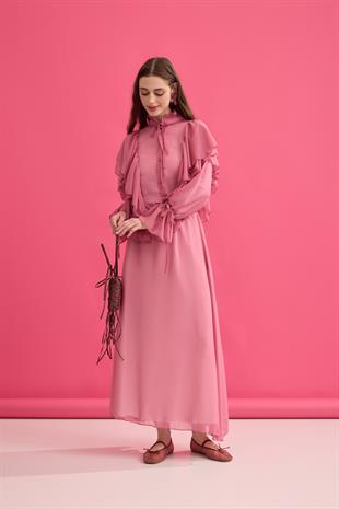 Diana Volanlı Şifon Etek Takım- Pembe