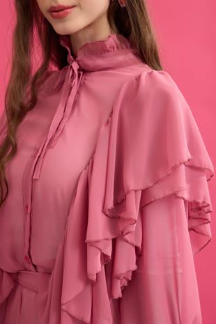 Diana Volanlı Şifon Etek Takım- Pembe