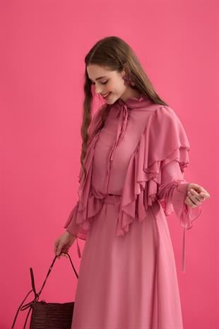 Diana Volanlı Şifon Etek Takım- Pembe