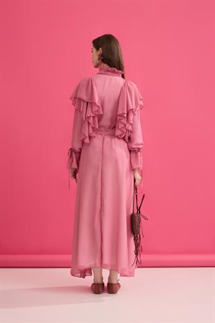 Diana Volanlı Şifon Etek Takım- Pembe