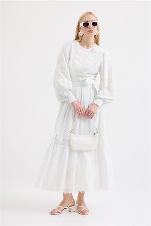 Dina Güpürlü Bağlamalı Modal Takım - Beyaz
