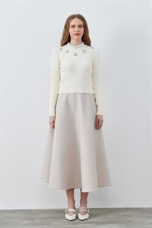 DİSNEY ÇİÇEK TAŞ İŞLEMELİ PELUŞ KAZAK -  EKRU