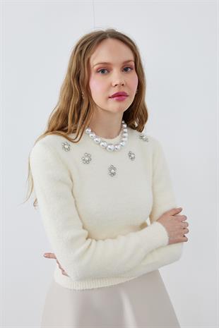 DİSNEY ÇİÇEK TAŞ İŞLEMELİ PELUŞ KAZAK -  EKRU