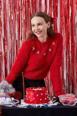 DİSNEY ÇİÇEK TAŞ İŞLEMELİ PELUŞ KAZAK - KIRMIZI