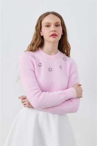 DİSNEY ÇİÇEK TAŞ İŞLEMELİ PELUŞ KAZAK - PEMBE