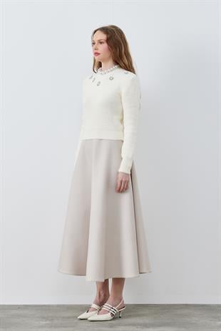 DİSNEY ÇİÇEK TAŞ İŞLEMELİ PELUŞ KAZAK -  EKRU