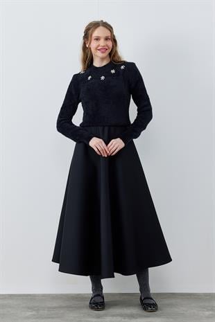 DİSNEY ÇİÇEK TAŞ İŞLEMELİ PELUŞ KAZAK - SİYAH 