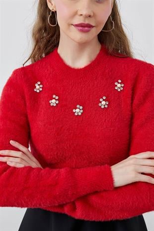 DİSNEY ÇİÇEK TAŞ İŞLEMELİ PELUŞ KAZAK - KIRMIZI