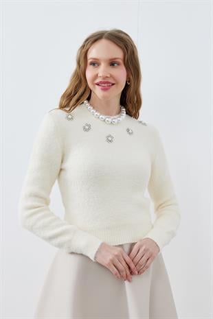 DİSNEY ÇİÇEK TAŞ İŞLEMELİ PELUŞ KAZAK -  EKRU