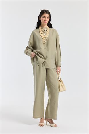 Dosha Arka Düğme Detaylı Tensel Takım - Çağla