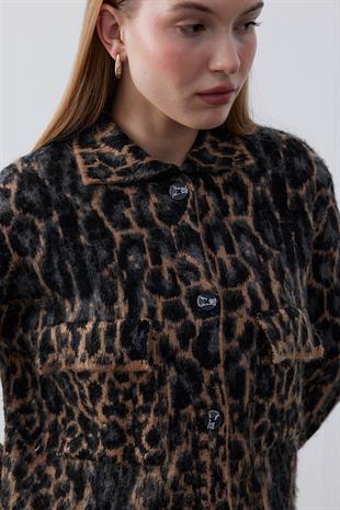 Edwina Leopar Desenli Triko Ceket- Kahverengi 