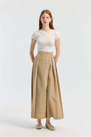 Elara Pileli Poplin Pantolon - Camel