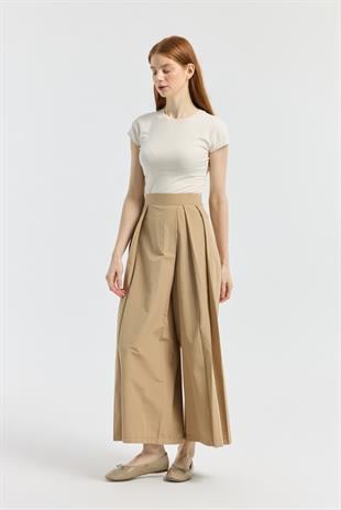 Elara Pileli Poplin Pantolon - Camel