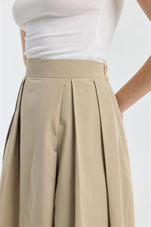 Elara Pileli Poplin Pantolon - Taş