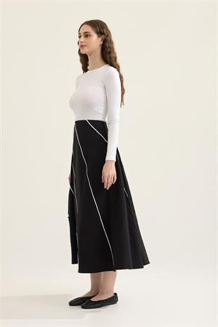Elen Kontrast Biye Geçişli Paraşüt Etek - Siyah