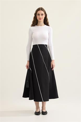 Elen Kontrast Biye Geçişli Paraşüt Etek - Siyah