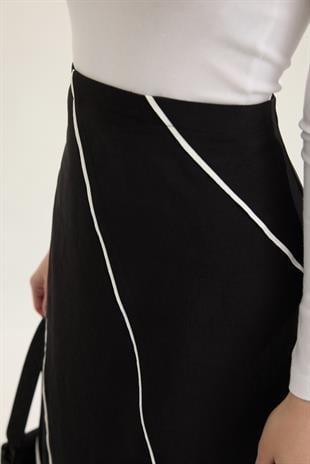 Elen Kontrast Biye Geçişli Paraşüt Etek - Siyah