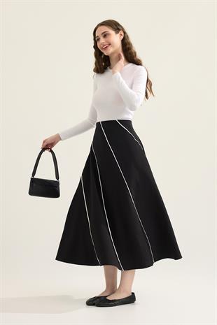 Elen Kontrast Biye Geçişli Paraşüt Etek - Siyah