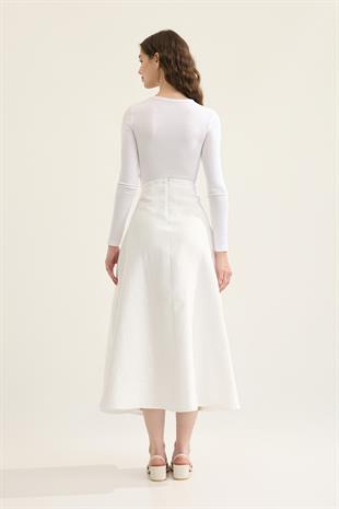 Elen Kontrast Biye Geçişli Paraşüt Etek - Beyaz