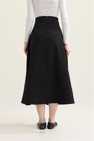 Elen Kontrast Biye Geçişli Paraşüt Etek - Siyah