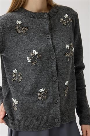 Ella Boncuk İşlemeli Hırka - Antrasit