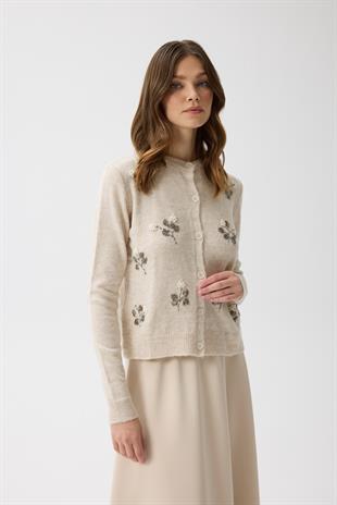 Ella Boncuk İşlemeli Hırka - Bej