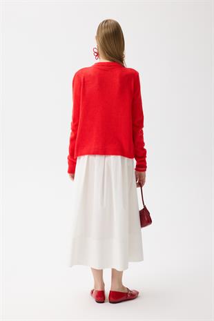 Ella Boncuk İşlemeli Hırka - Kırmızı