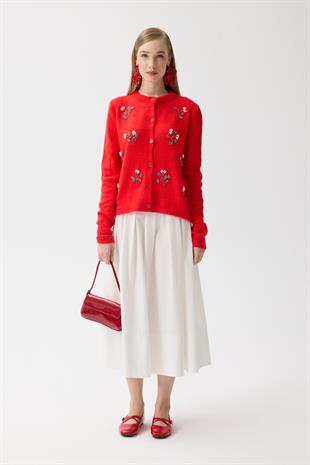 Ella Boncuk İşlemeli Hırka - Kırmızı