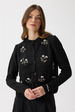 Ella Boncuk İşlemeli Hırka - Siyah