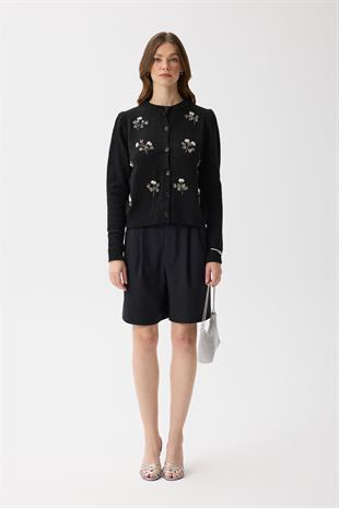 Ella Boncuk İşlemeli Hırka - Siyah