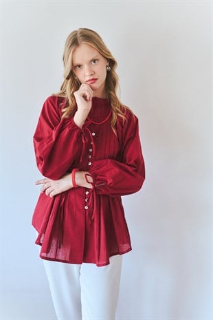 Elvara Nervürlü Kuşaklı Tunik- Bordo