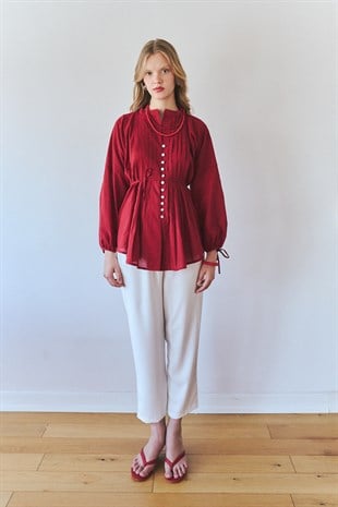 Elvara Nervürlü Kuşaklı Tunik- Bordo