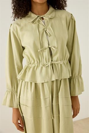 Emilia Bağcıklı Allerli Keten Takım - Çağla