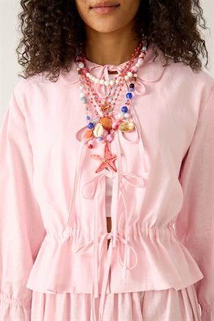 Emilia Bağcıklı Allerli Keten Takım - Pembe