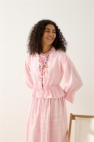 Emilia Bağcıklı Allerli Keten Takım - Pembe