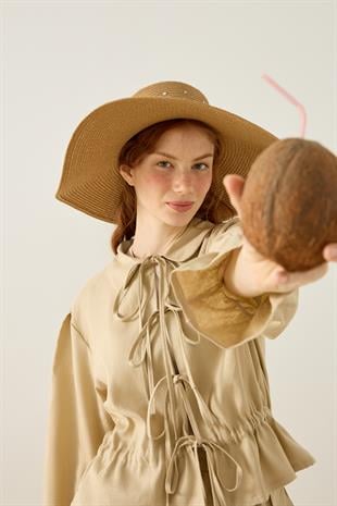 Emilia Bağcıklı Allerli Keten Takım - Vizon 