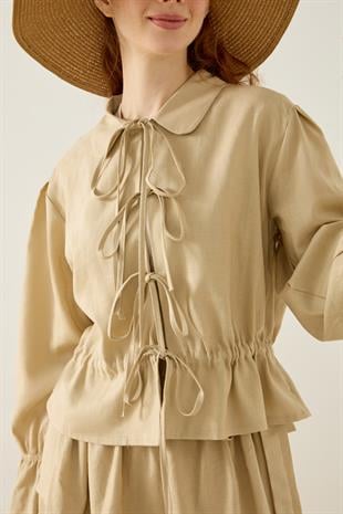 Emilia Bağcıklı Allerli Keten Takım - Vizon 