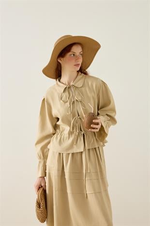 Emilia Bağcıklı Allerli Keten Takım - Vizon 