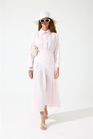 Emilia Dantel Parçalı Poplin Elbise - Pembe 