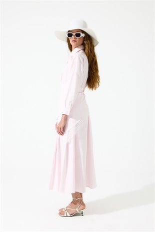 Emilia Dantel Parçalı Poplin Elbise - Pembe 