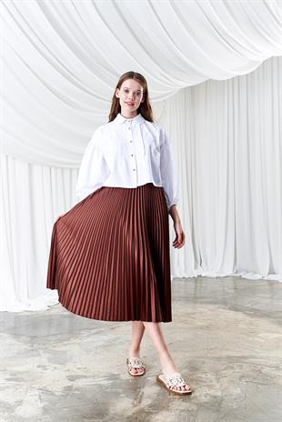 EMY PLİSOLE ETEK - KAHVE