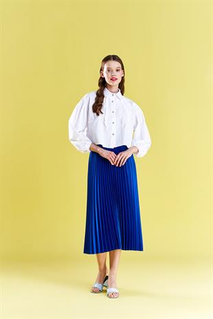 EMY PLİSOLE ETEK -SAKS MAVİ