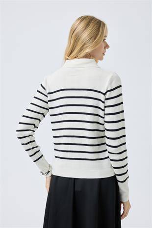 Eris Fermuarlı Çizgili Hırka - Ekru