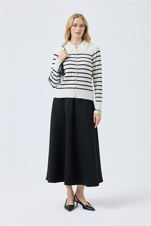 Eris Fermuarlı Çizgili Hırka - Ekru