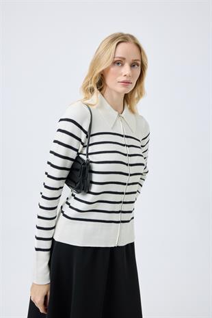 Eris Fermuarlı Çizgili Hırka - Ekru