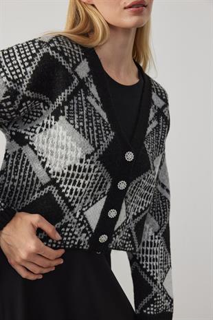 Esta Taş Düğmeli Hırka - Siyah