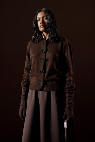 Evelina Fiyonk Detaylı Yün Karışımlı Triko Hırka- Acı kahve