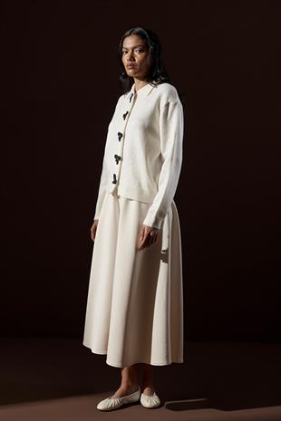 Evelina Fiyonk Detaylı Yün Karışımlı Triko Hırka-Ekru